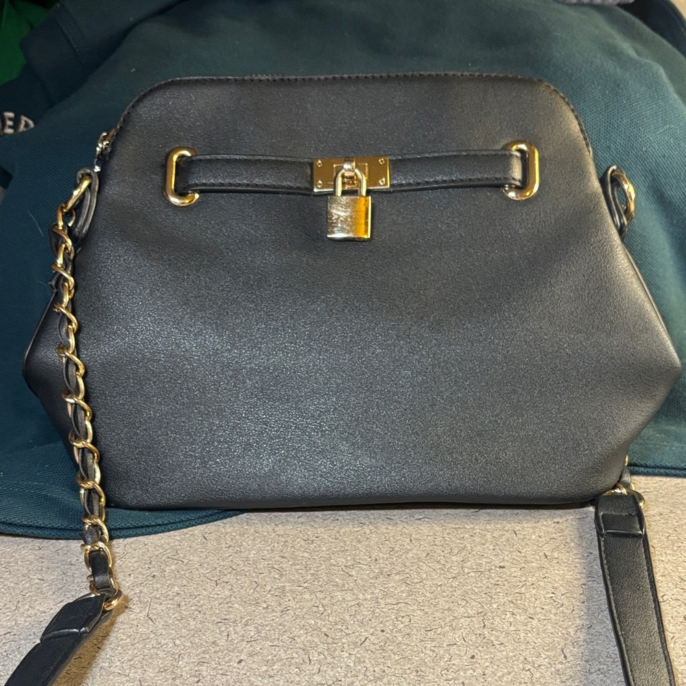ADO Black Handbag with Gold Accents lined interior see description